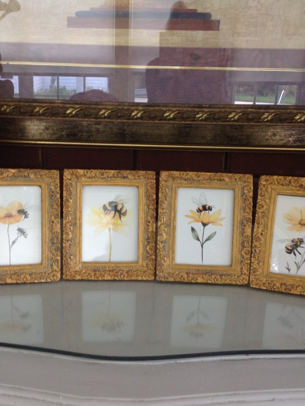 4 Floral Prints in a Gold Frame Under Glass